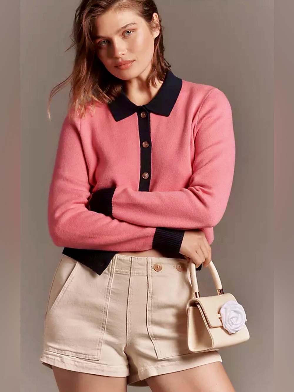 NEW NWT! Anthro Maeve pink navy collared cardigan sweater XS preppy